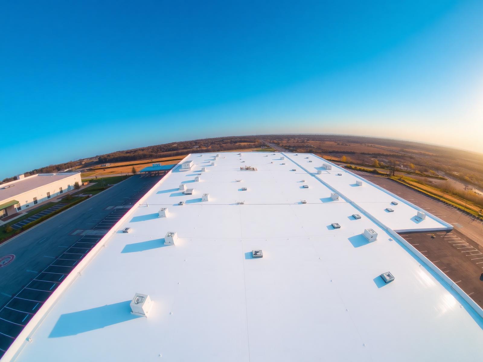 Commercial building with newly installed reflective white roof membrane